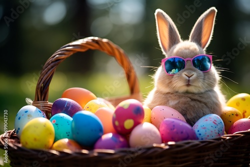 cool easter bunny with sunglasses chilling in basket with colorfully painted eggs photo