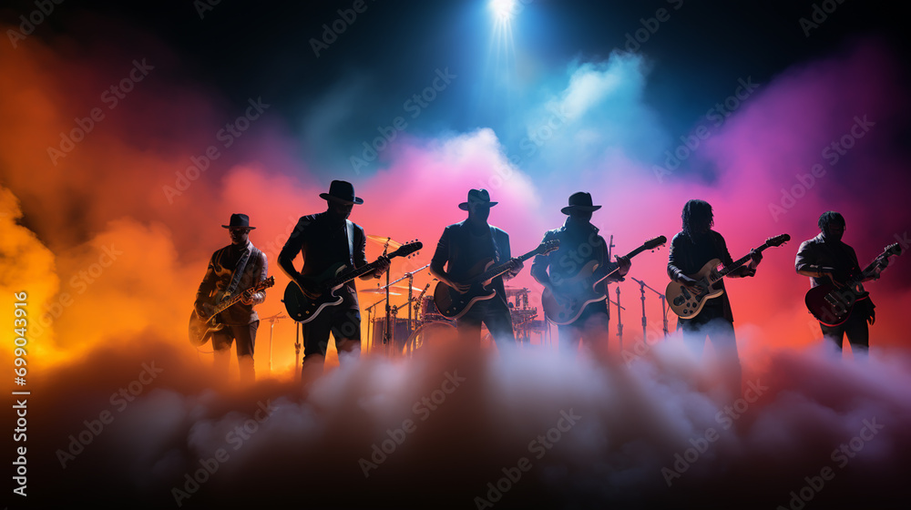 Fototapeta premium Band Silhouette. View of stage during rock concert with musical instruments and scene stage lights, rock show performance. Electric guitar.