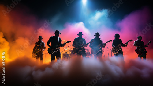 Band Silhouette. View of stage during rock concert with musical instruments and scene stage lights, rock show performance. Electric guitar.