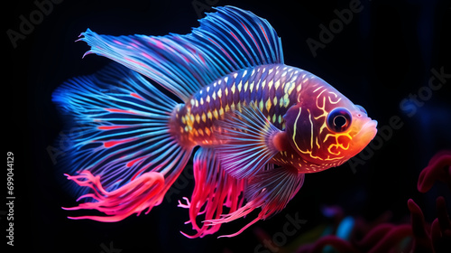 close up of glowing fish in fish tank water under fluorescence l