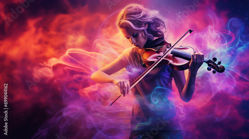Beautiful man playing violin. Male violinist against dark colors background with colorful smoke.