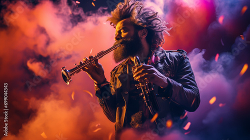 Colorful trumpet with music, powder explosion. Abstract background.