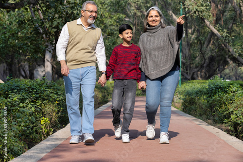 Happy grandparents holding grandchildren's hands and walking in park