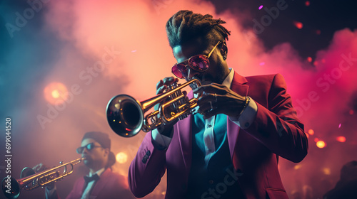 Colorful trumpet with music, powder explosion. Abstract background.