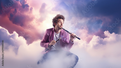 Colorful trumpet with music, powder explosion. Abstract background. photo
