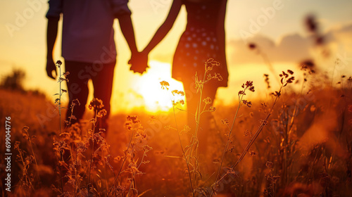 Couple in love holds hands while walking through a green field against the backdrop of a beautiful sunset. Close-up.