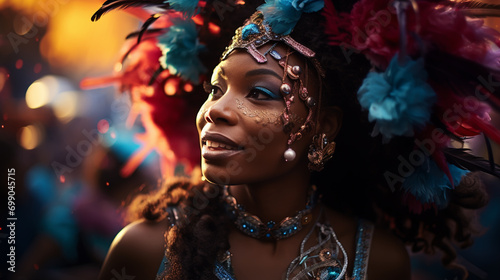 Just have fun with it. Cropped portrait of a beautiful samba dancer performing in a carnival with her band. © alexkich
