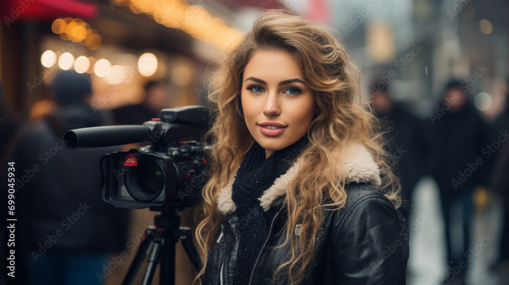 journalist with microphone working on city street