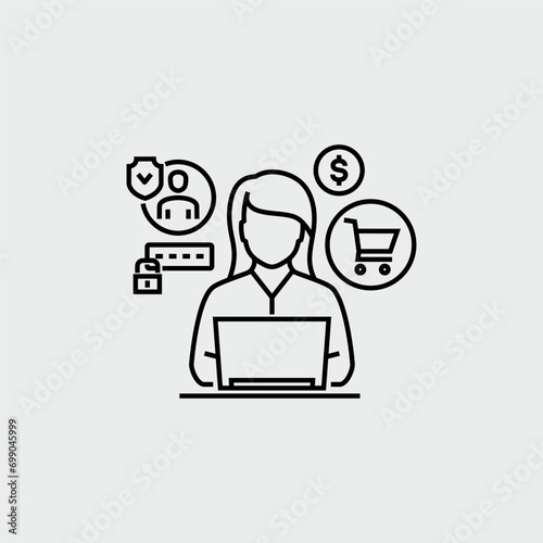 Woman using laptop paying via mobile banking method for online shopping. Digital banking, internet payment vector line icon 