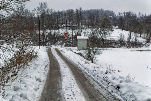 Obraz na płótnie Natural forest landscape covered with snow during cold winter day. w salonie