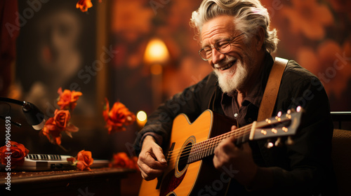 Elderly man playing guitar at home