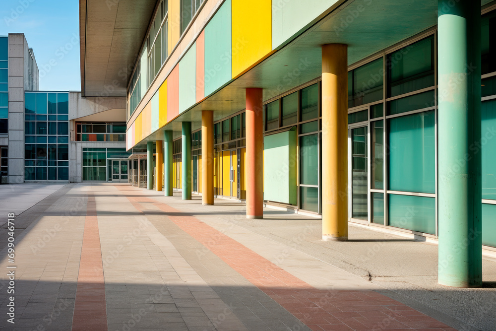 Office building entrance with glass windows and columns.