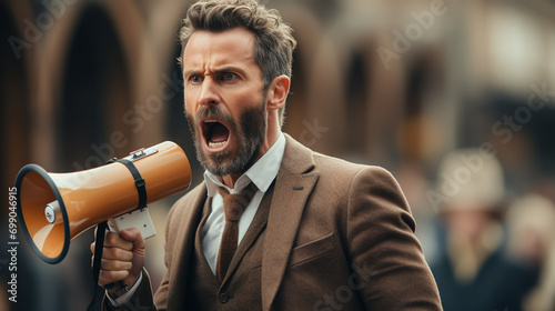 employee business man corporate lawyer wear classic formal shirt tie work in office hold megaphone scream