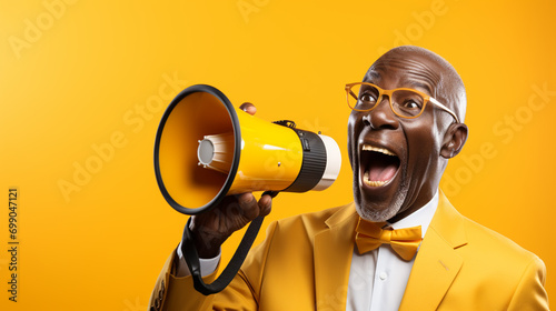 Excited old man making an announcement through megaphone, close to camera