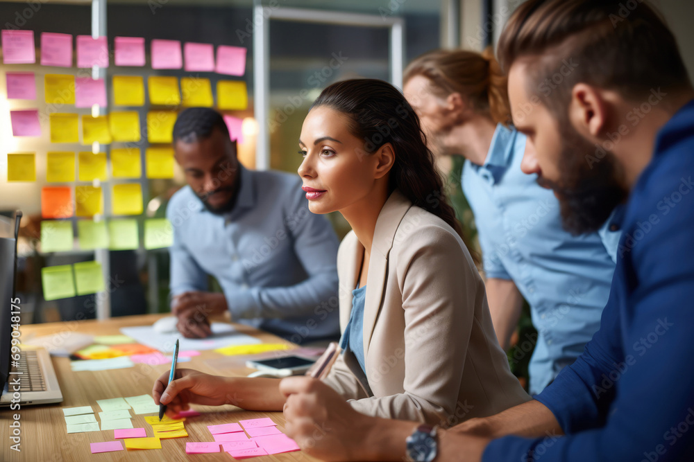 Woman Demonstrates Scrum Agile To A Team With Sticky Notes