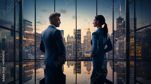 Successful happy businessman and businesswoman standing back to back with arms crossed and smiling at camera, office interior. Partnership concept photo