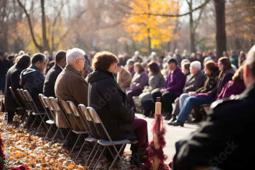 Memorial Service Scene Depicts People Gathered To Remember And Honor The Departed photo
