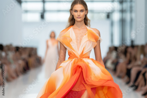 Model Walks Down The Runway In Orange And Peach Dress