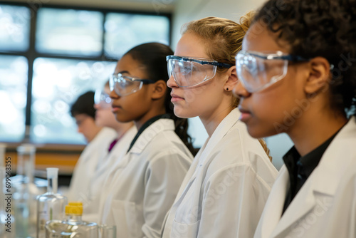 Teacher And Students Wear Lab Coats And Safety Goggles In Chemistry Lab