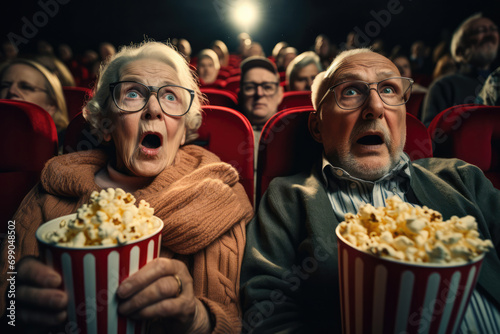 Eager Elderly Moviegoers In A Cinematic Setting, Anticipating A Film With Realistic Popcorn