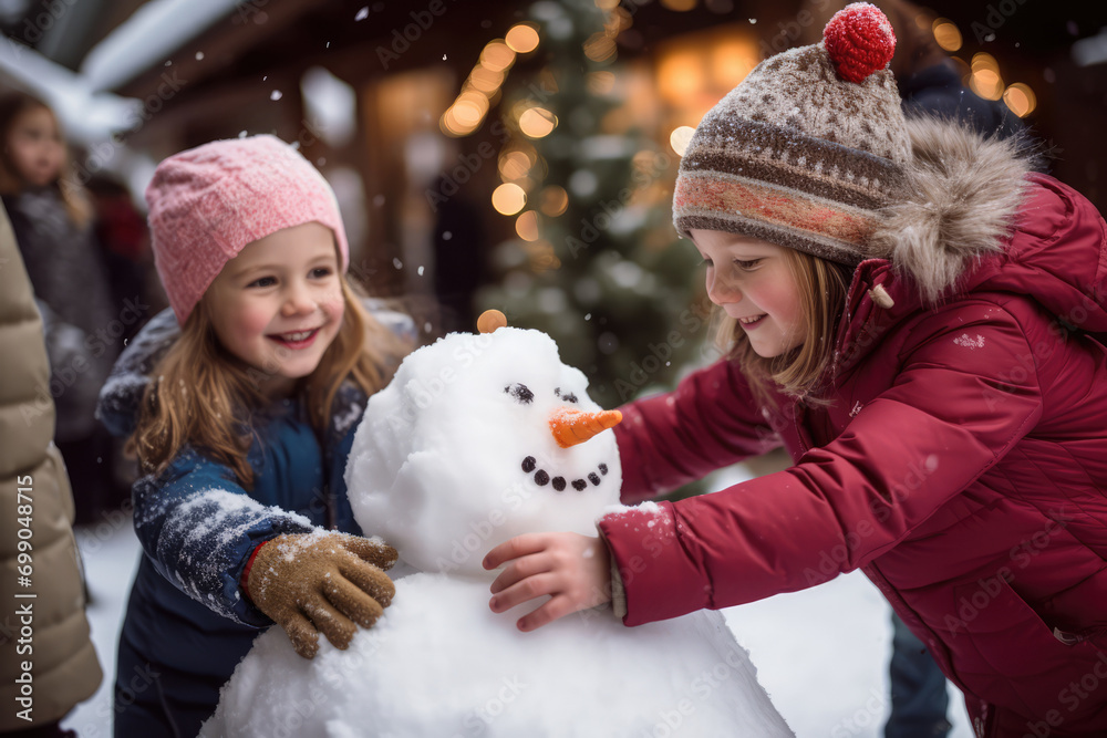Children Playing With Snowman