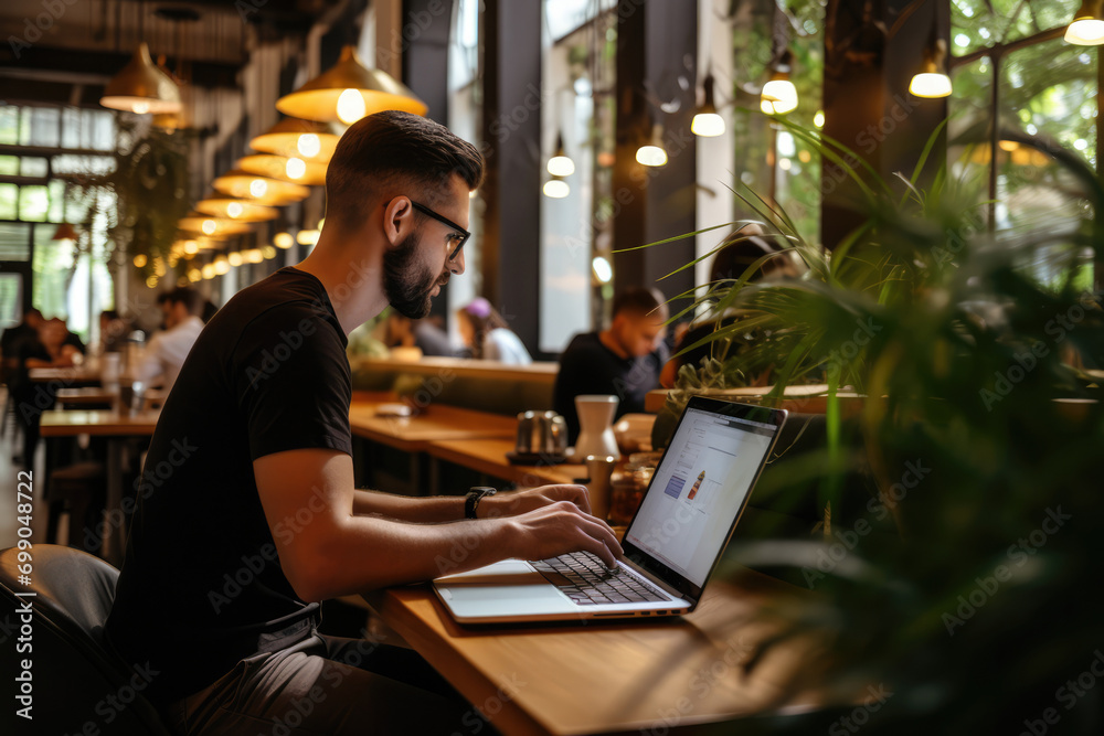 Coffee Shop Remote Work Person Working On Laptop In Caf