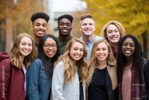 Diverse College Students Posing For Group Portrait Outdoors