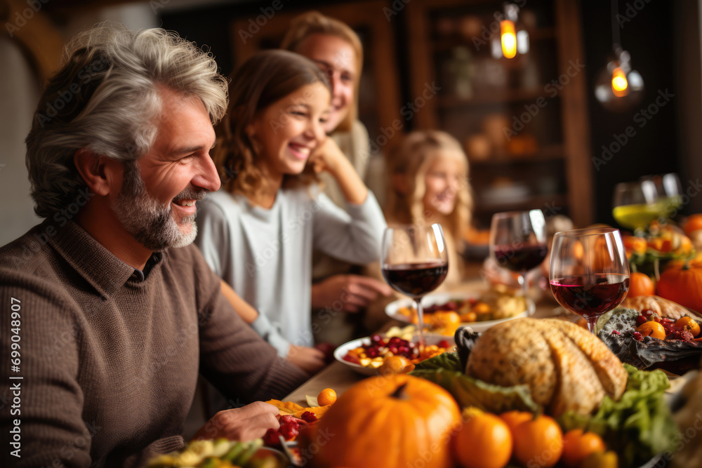 Family At Thanksgiving Table With Autumn Food And Decorations Family At Thanksgiving Table With Autumn Food And Decorations