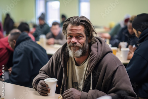 Homeless White Man Surrounded By Others In Dining Hall