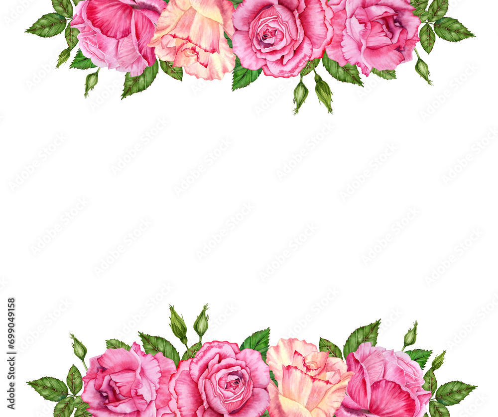 Fototapeta Floral frame with pink rose flowers, buds and green leaves. Hand drawn watercolor illustration isolated on transparent background. Designed for valentine cards, invitations, banners, gifts, weddings