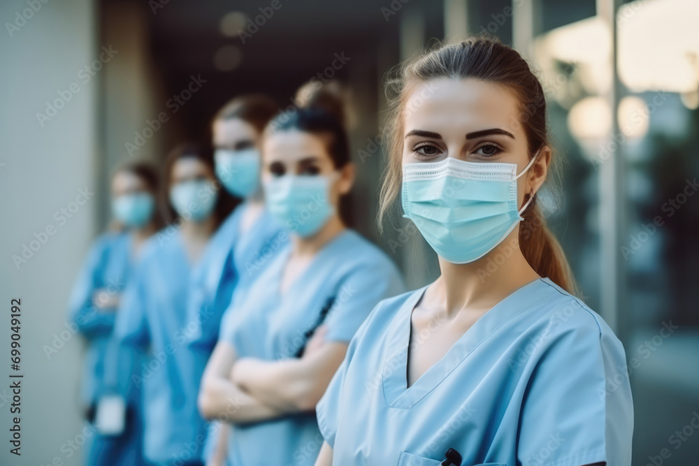 Dedicated Nursing Student Poses Alongside Team In Hospital High-Quality Photo Dedicated Nursing Student Poses Alongside Team In Hospital High-Quality Photo