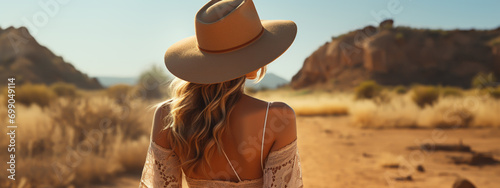 attractive sensual young woman in dress in desert, treveling on safari, wearing hat, exploring nature, hot summer day, sunny weather