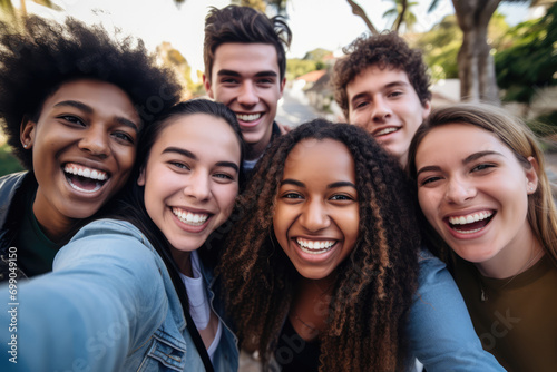 Multiethnic Students Taking Selfie Outdoors, Celebrating Friendship
