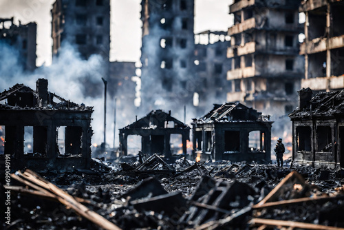 Devastated cityscape: charred remains and destruction by the fires of war.