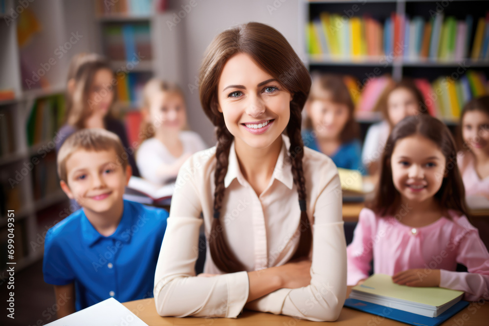 Smiling Teacher In Class Elementary School, Learning Students, Positive Smiling Teacher In Class Elementary School, Learning Students, Positive
