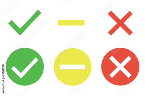 yes and no marks. a set of icon markers red, yellow, green. check mark, cross, minus sign, ban, permission, approval, rejection