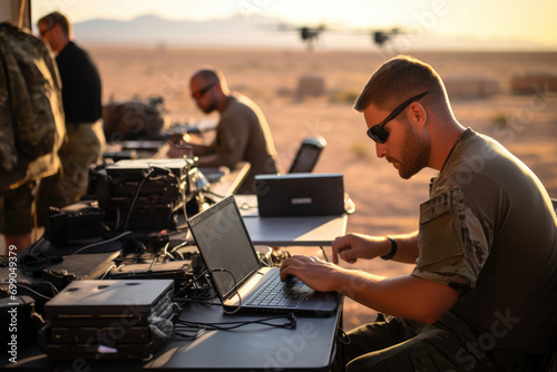 Obraz na płótnie Soldiers Control Drone Remotely Using Laptops For Surveillance Operations