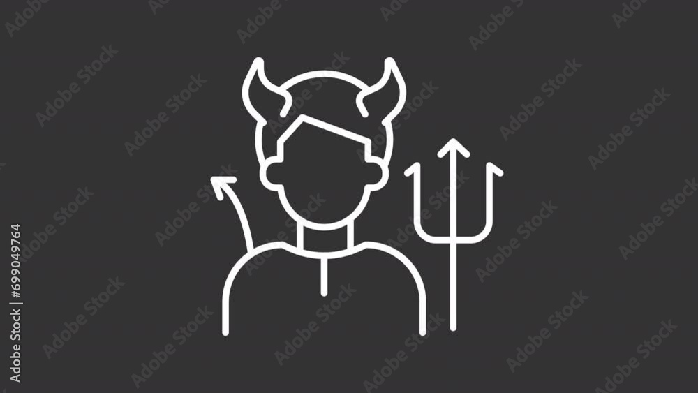 2D white simple thin line animation of devil icon, HD video with transparent background, seamless loop 4K video representing archetypes.