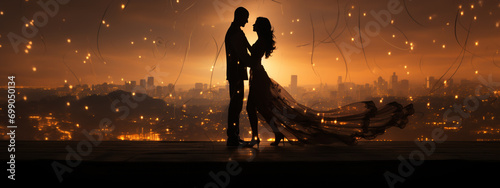 Silhouette of romantic couple dance on the sunset time