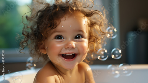 Cute little baby sitting in white bathtub with foam and soap bubbles. Taking bath and playing with toys. Baby hygiene. photo