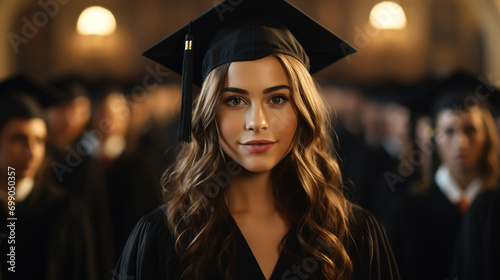 Graduate girl with master degree in black graduation robe and cap happy young woman careerist have success in her business.