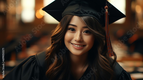 Graduate girl with master degree in black graduation robe and cap happy young woman careerist have success in her business.