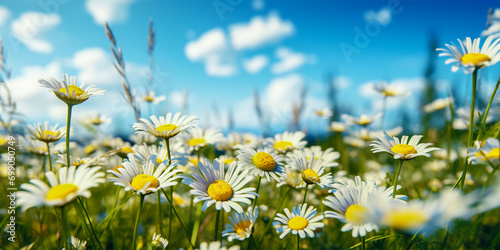 A beautiful, sunny spring and summer meadow. A natural colorful panoramic landscape with many field daisies against a blue sky background. © evgeniia_1010