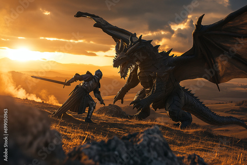 Generative AI, Brave Medieval Knight Battles Fearsome Dragon in Dramatic Golden Hour Showdown  photo
