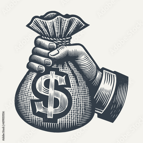 Hand holding a money bag with dollar symbol. Hand drawn vintage engraving style woodcut vector illustration. 