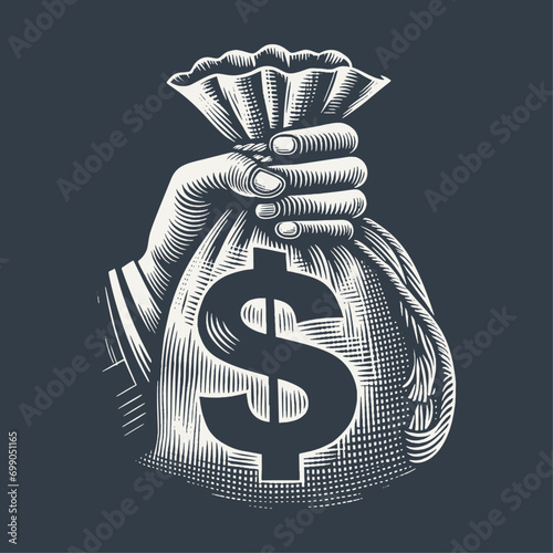 Hand holding a money bag with dollar symbol. Hand drawn vintage engraving style woodcut vector illustration.	
