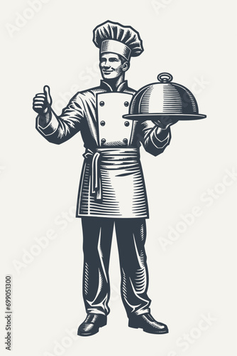 Chef Holding a covered tray showing thumb up. Vintage woodcut style vector illustration.