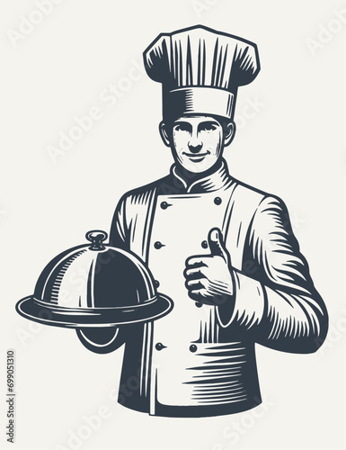 Chef Holding a covered tray showing thumb up. Vintage woodcut style vector illustration.