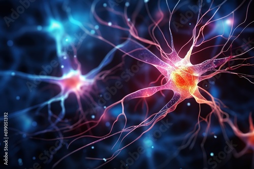 Illustration of brain cells glowing pink. Neuron transmission impulse on blurred background
