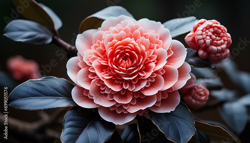 Camellia flower closeup. Pink camellia flower with rain drops closeup. Camellia flower © Divid